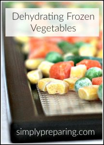 Dehydrating frozen vegetables is the perfect project for the beginning simple prepper. Save Time. Save Money. Save Space as you build your food storage. Your dehydrator is about to become your best friend as you work to stockpile vegetables for your pantry.
